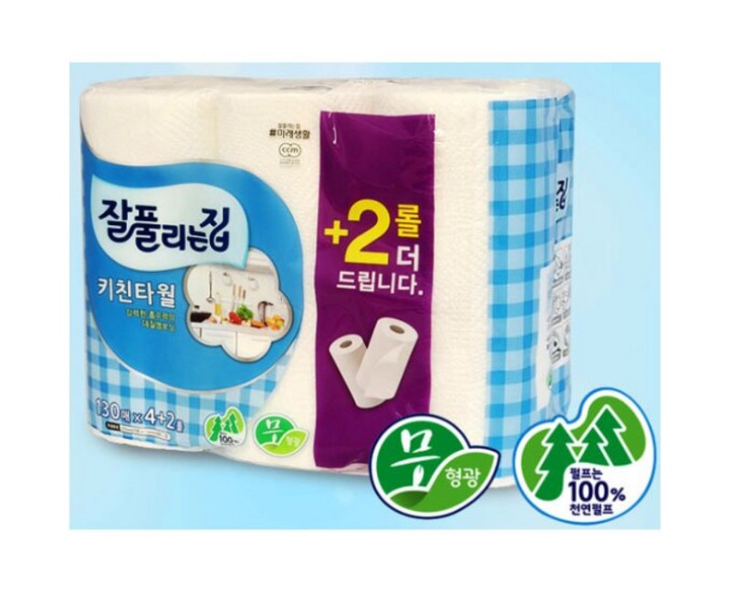 잘풀리는집 키친 타월 블루 130매 6롤 세트 타올 천연 펄프, 6개