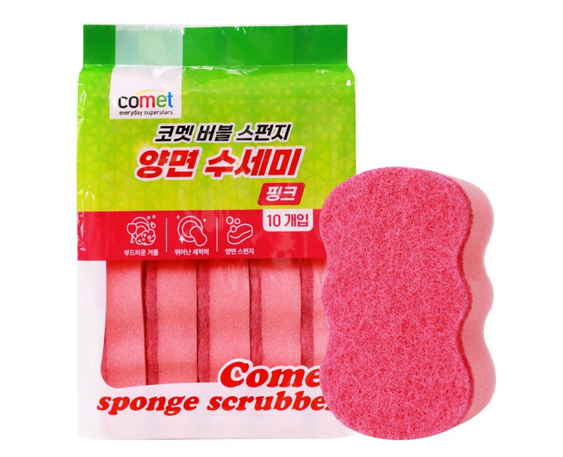 코멧 양면 무흠집 버블 스펀지 수세미 핑크, 10개입, 1개
