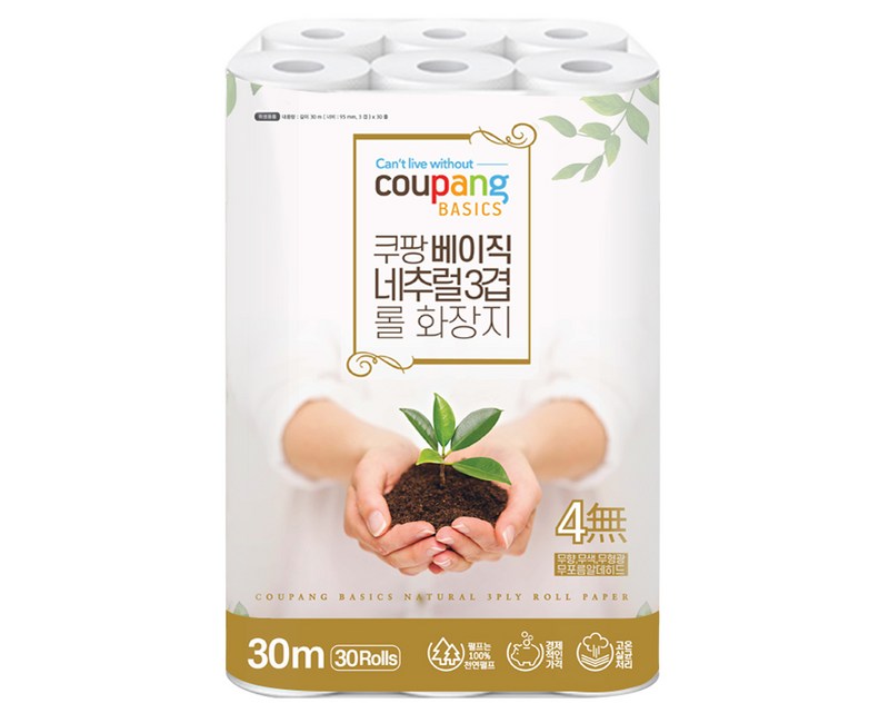 쿠팡베이직 네추럴 3겹 천연펄프 롤화장지 30m, 30롤, 1팩