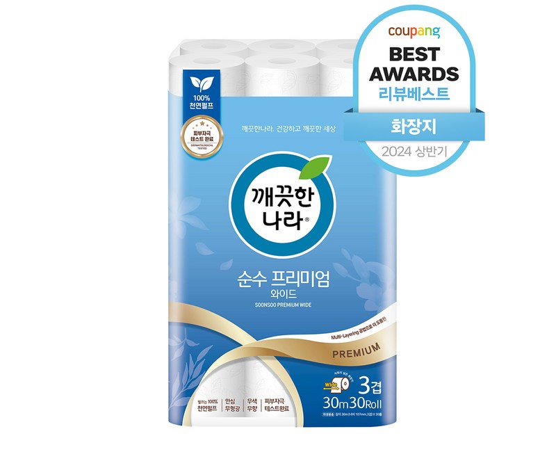깨끗한나라 3겹 데코 순수 프리미엄 와이드 천연펄프 롤화장지 30m, 30개입, 1개