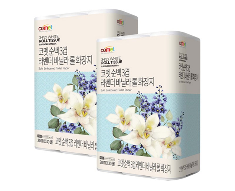 코멧 순백 3겹 라벤더 바닐라 롤화장지 30m, 30롤, 1팩