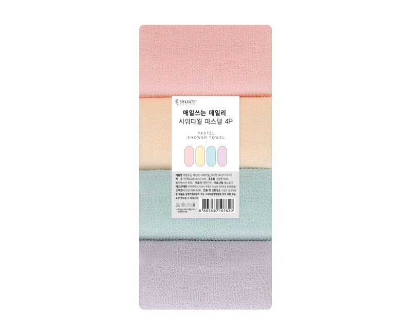 샤바스 매일쓰는 데일리 샤워타월 파스텔 4p, 혼합 색상, 4개입, 1개