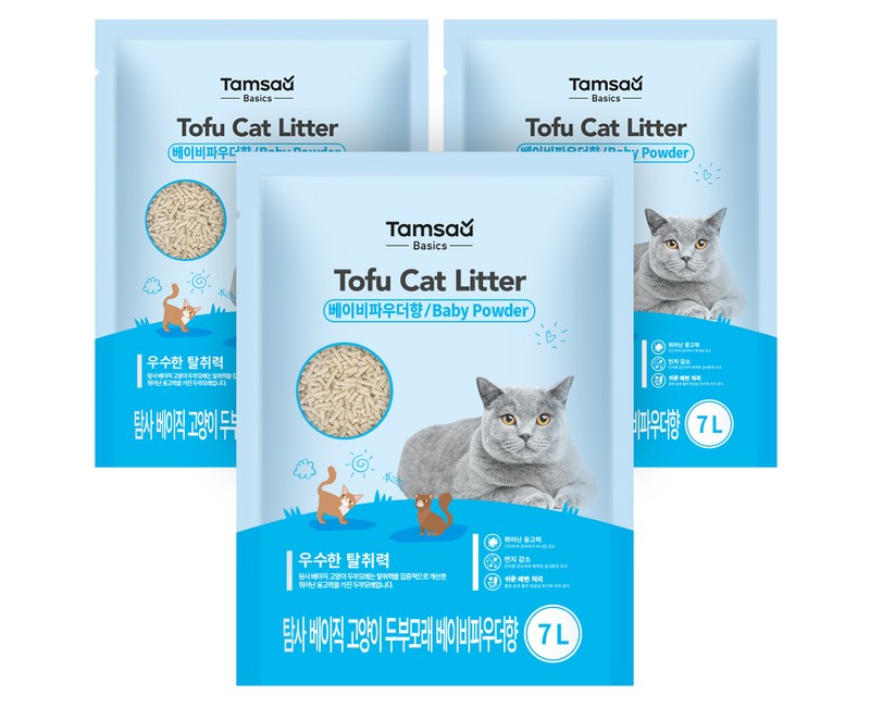 탐사 베이직 프리미엄 고양이 두부모래 베이비파우더향, 7L, 3개입