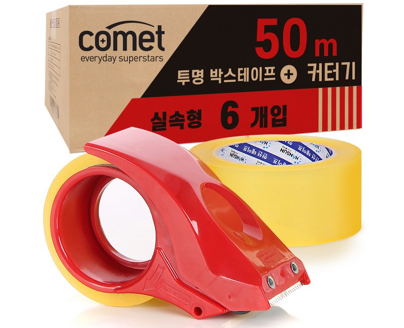 코멧 투명 박스테이프 50m * 48mm 6P + 커터기 세트, 1세트