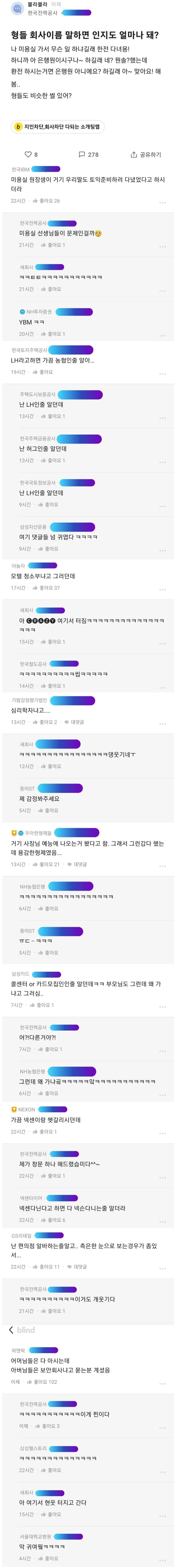 블라인드 오열 회사 인지도 시망 대결