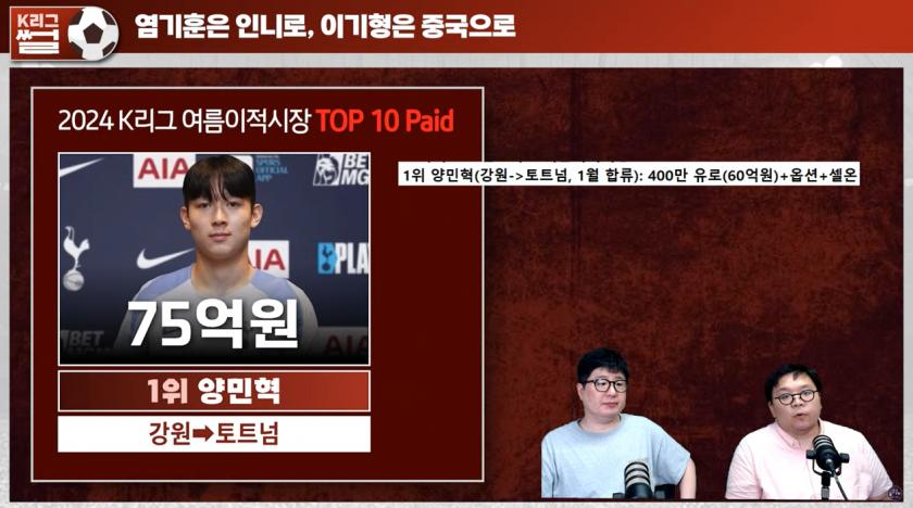 공개된 강원FC 양민혁 토트넘 이적료