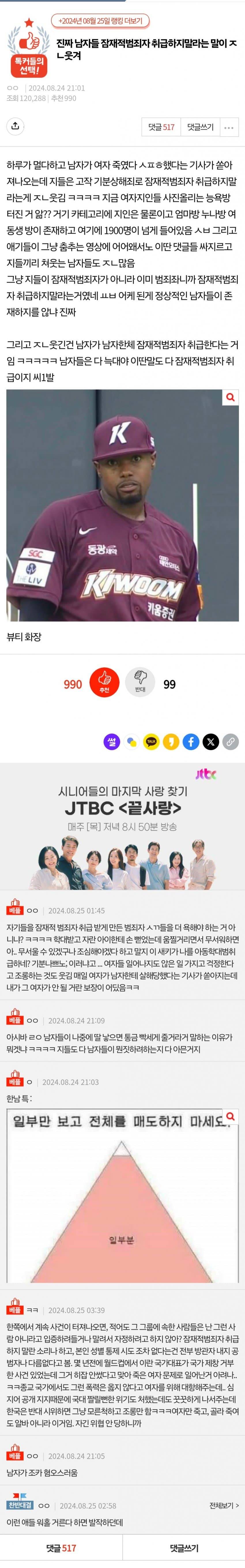 남자들 잠재적 범죄자 취급하지 말라는 말이 웃긴다는 정신병자년