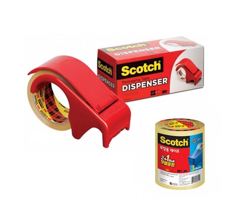 스카치 포장용 박스 테이프 디스펜서 DP-300RD + 포장용 테이프 3625V 투명 48mm × 25m 3p 세트, 혼합 색상, 1세트