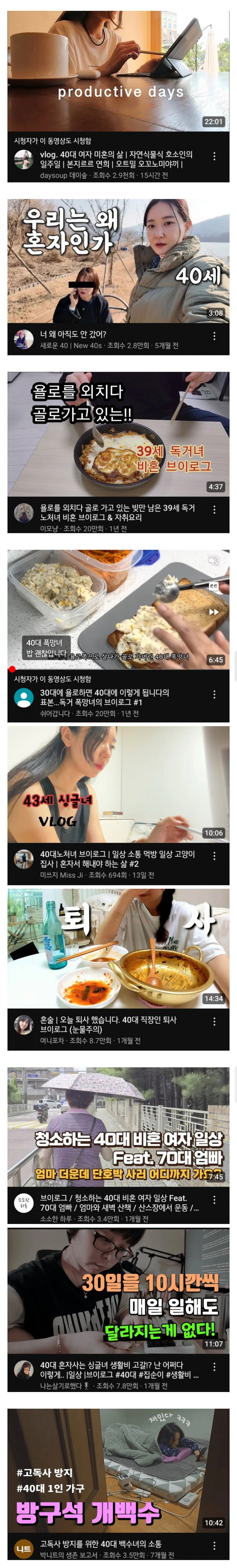유튜브, 40대 비혼녀 V로그 급증중