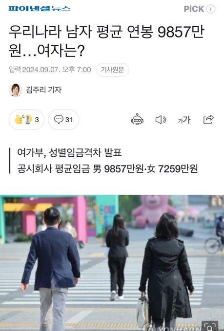 우리나라 남자 평균연봉