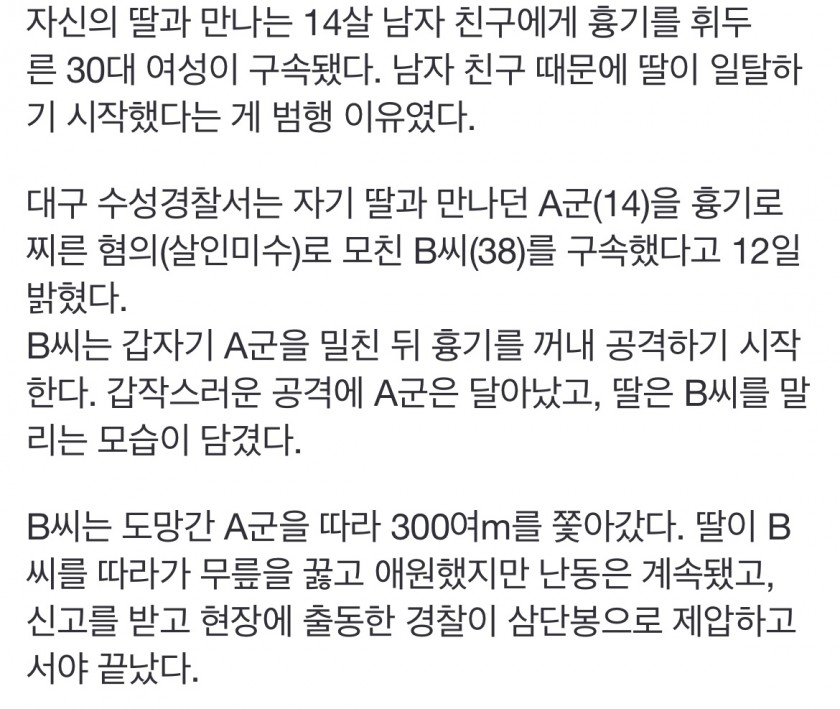 너, 우리 딸 가스라이팅 했지…술 취한 엄마 휘두른 흉기에 찔린 14세 남친 '위중'