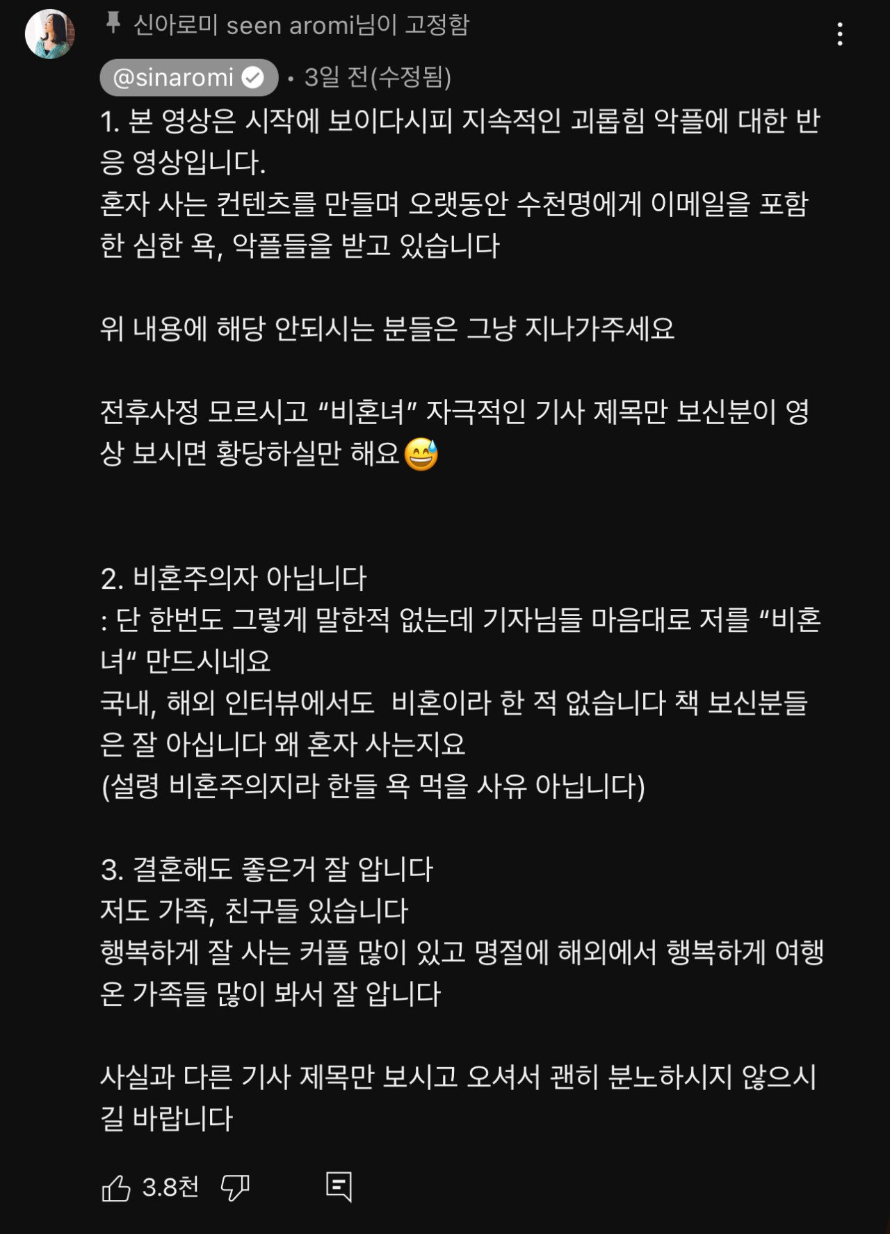 '결혼 안한게 아니라 못했다'는 댓글에 반응한 여성 유튜버