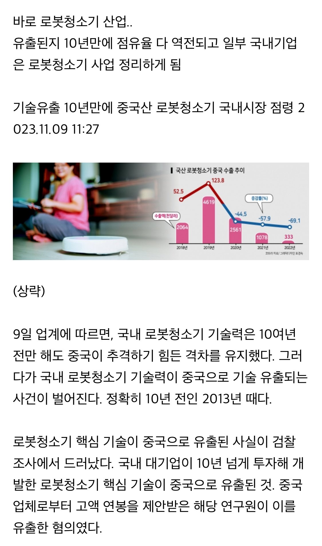 기술 유출로 중국한테 뺏긴 분야