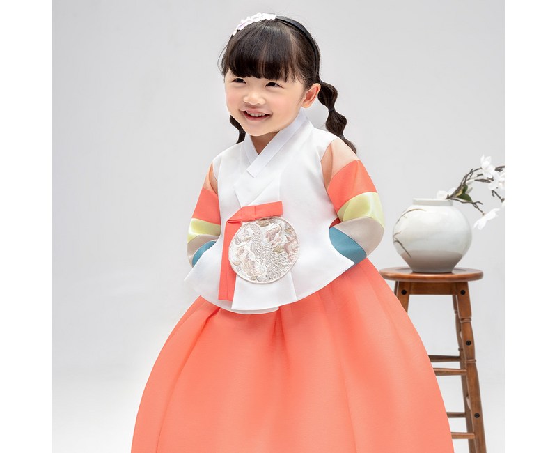 금동이 여아용 코랄완색동 한복 저고리 + 치마 세트 AW218
