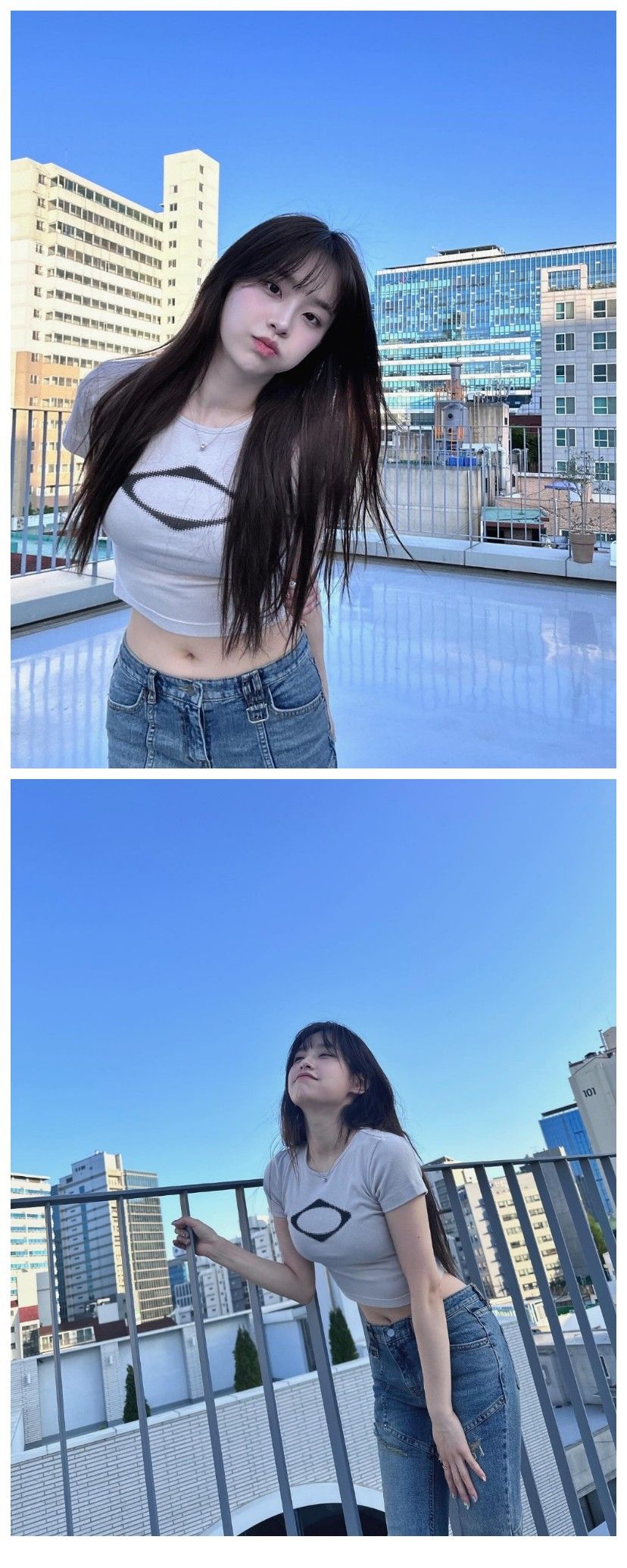 미모포텐 터진 츄...은근히 묵직한 흰 배꼽티 + 청바지핏