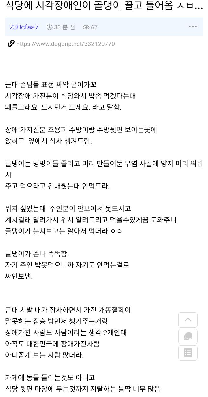 식당에 시각장애인이 안내견 데리고 들어옴ㅅㅂ..
