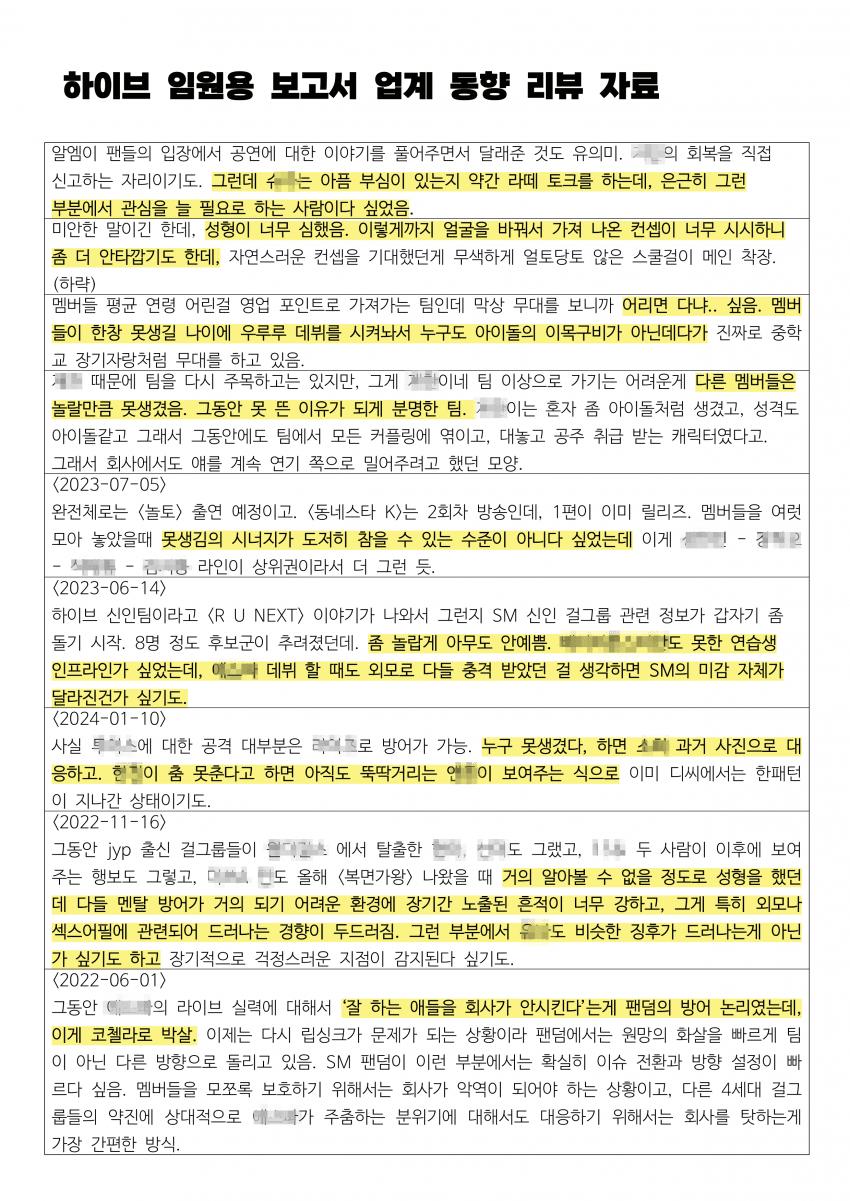 제대로 뜬 하이브 임원용 보고서