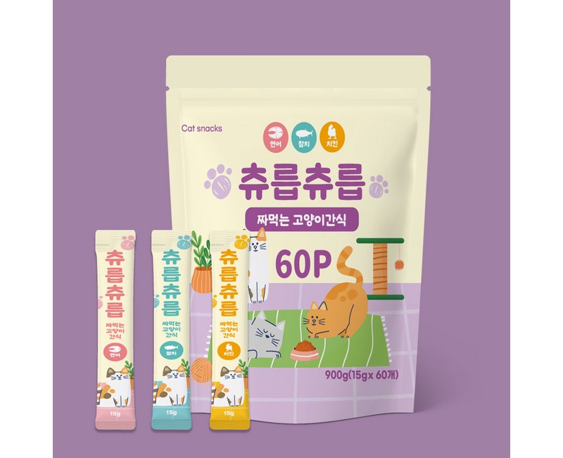 츄릅츄릅 짜먹는 츄르 고양이간식 60스틱 혼합팩 헤어볼케어, 연어+치킨+참치, 15g, 60개