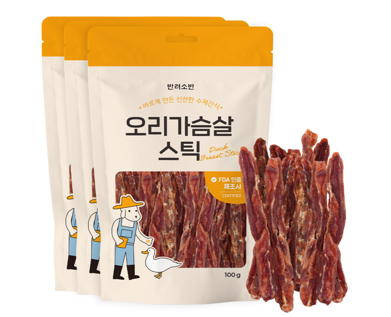 반려소반 강아지 건강한 수제간식 육포, 오리가슴살, 100g, 3개