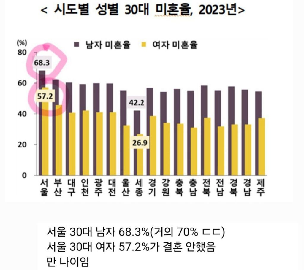 심각한 시도별 30대 미혼율 근황 ㄷㄷㄷㄷㄷ "서울 30대는 결혼안해요"