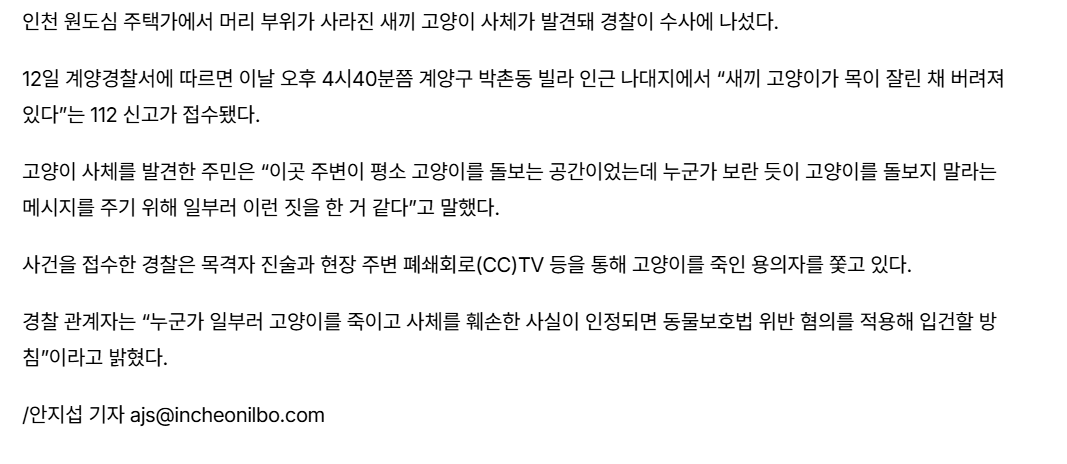 [단독] 인천 주택가서 머리 없는 고양이 사체 발견…경찰 수사