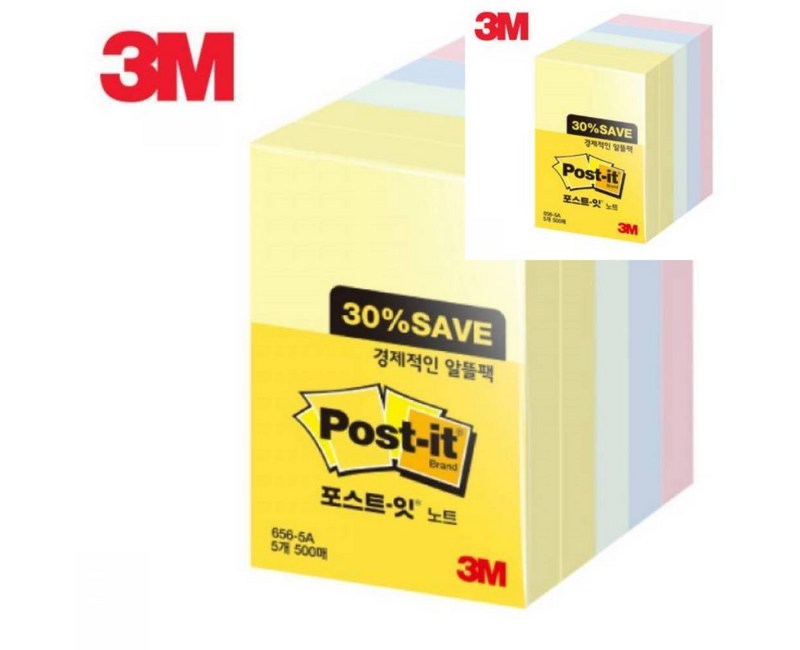 쓰리엠 포스트잇 노트 알뜰팩 656-5A, 노랑 + 애플민트 + 크림블루 + 러블리핑크, 1개