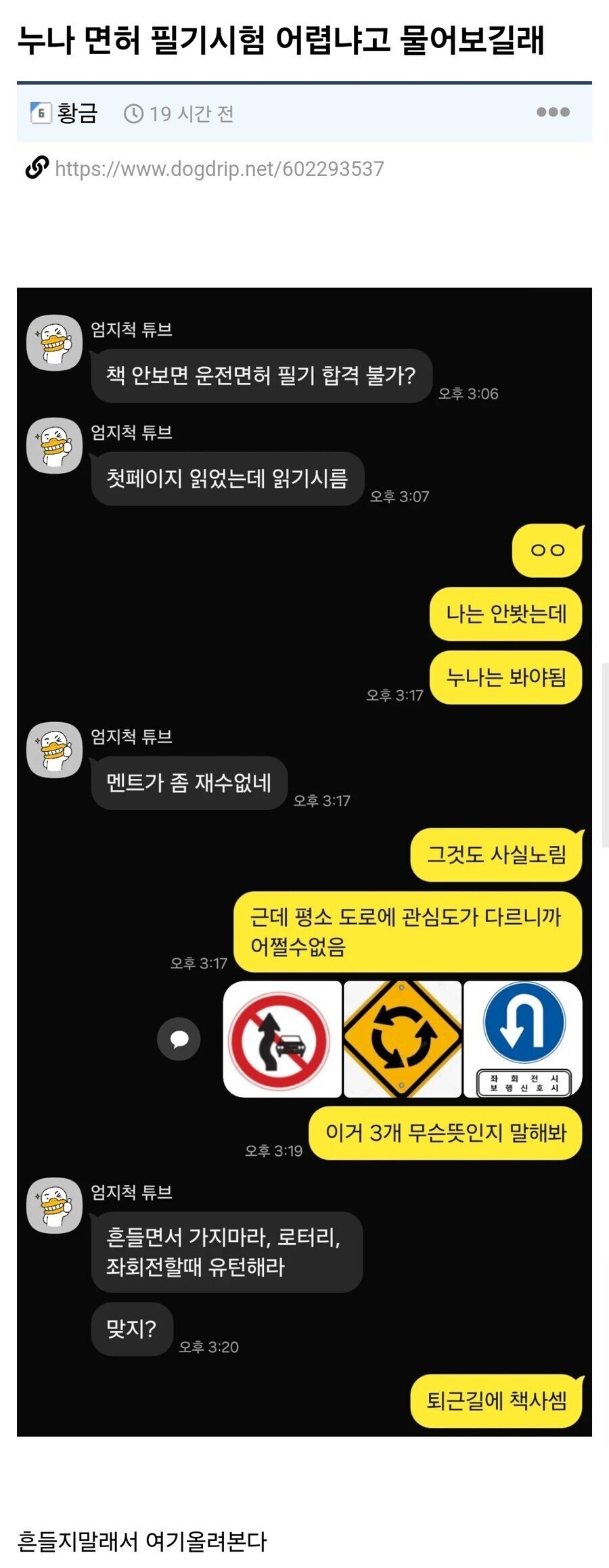 누나 면허 필기시험 어렵냐고 물어보길래