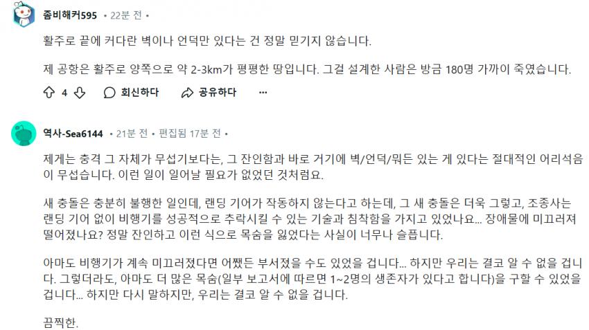 항공기 추락영상을 본 레딧 일부 반응