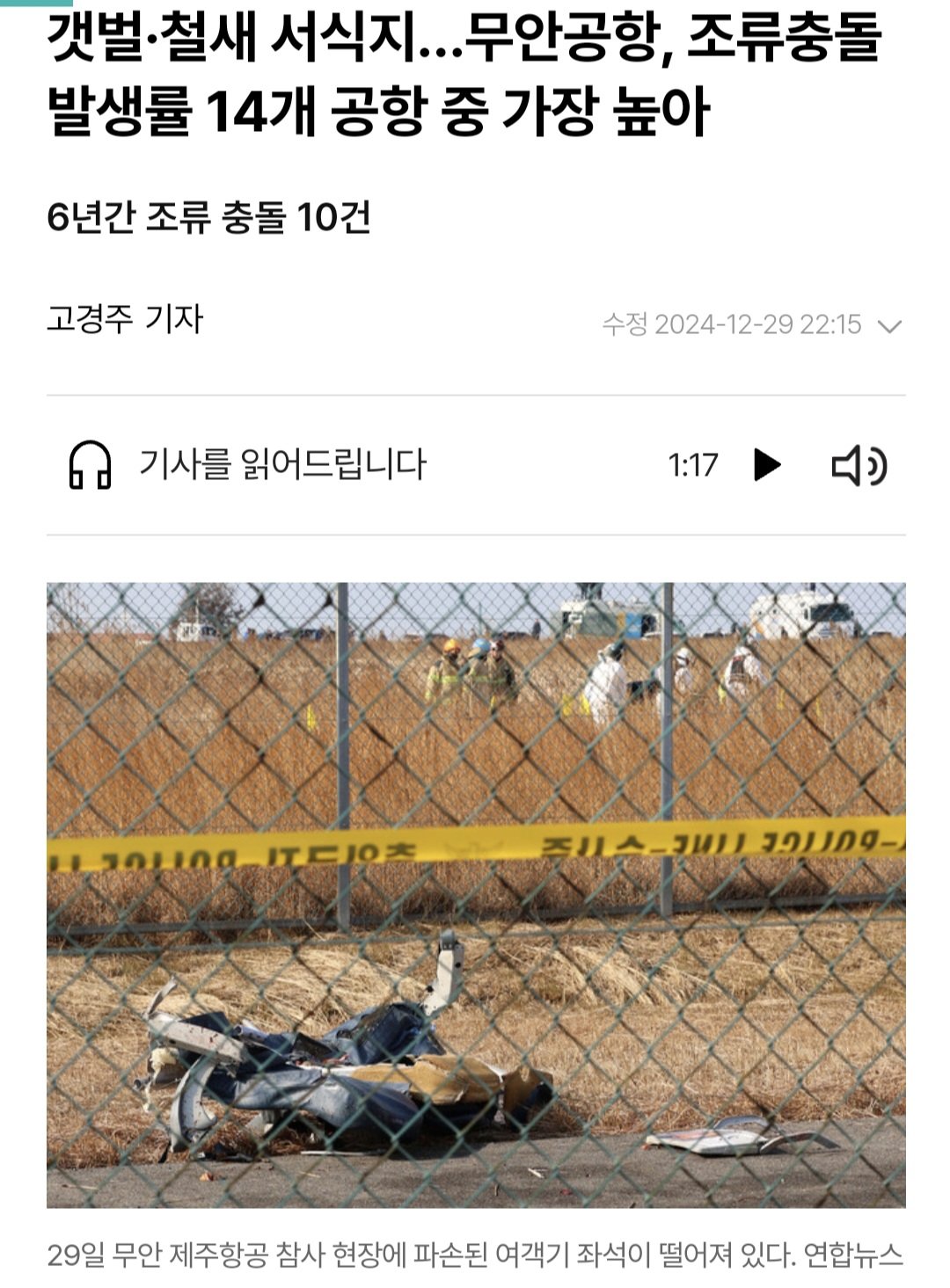 기사 : 무안공항 전국 14개 공항중 조류충돌 1위