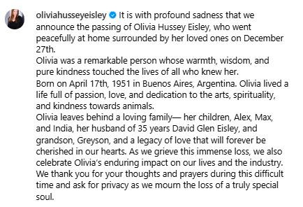 올리비아 핫세, 73세의 나이로 사망