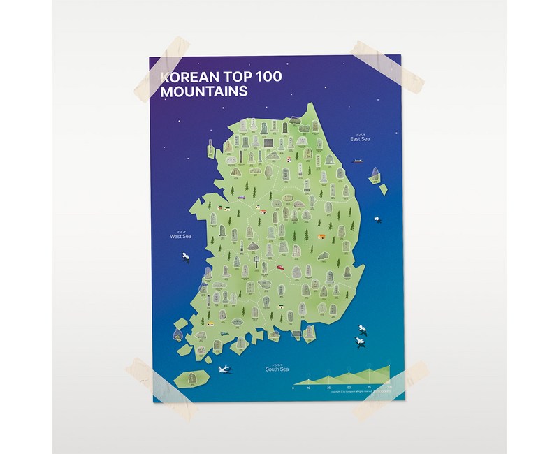 바이소품 100대명산 등산 지도 산림청 우리나라 등산지도 버킷리스트 챌린지 트레킹 여행, 100대 명산 등산지도 (A2)