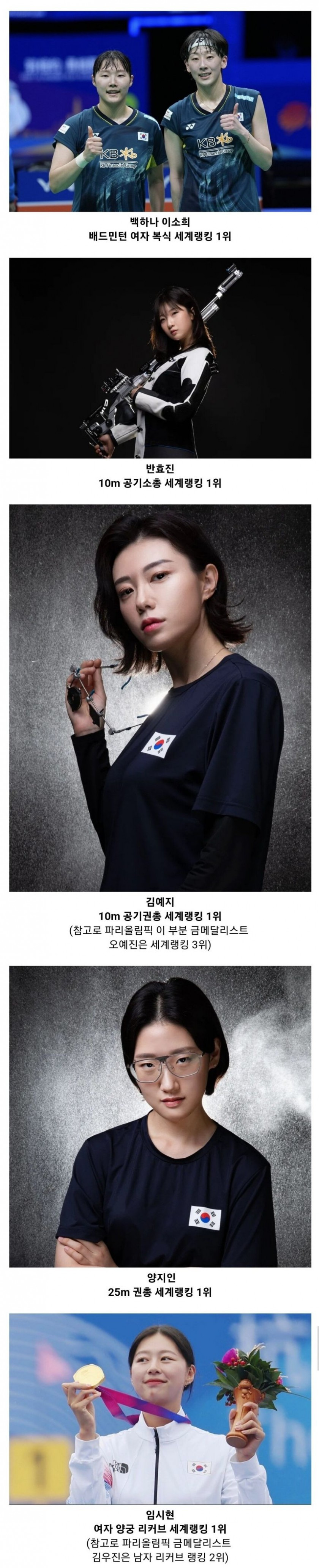 현재 세계랭킹 1위를 지키고 있는 한국 선수들