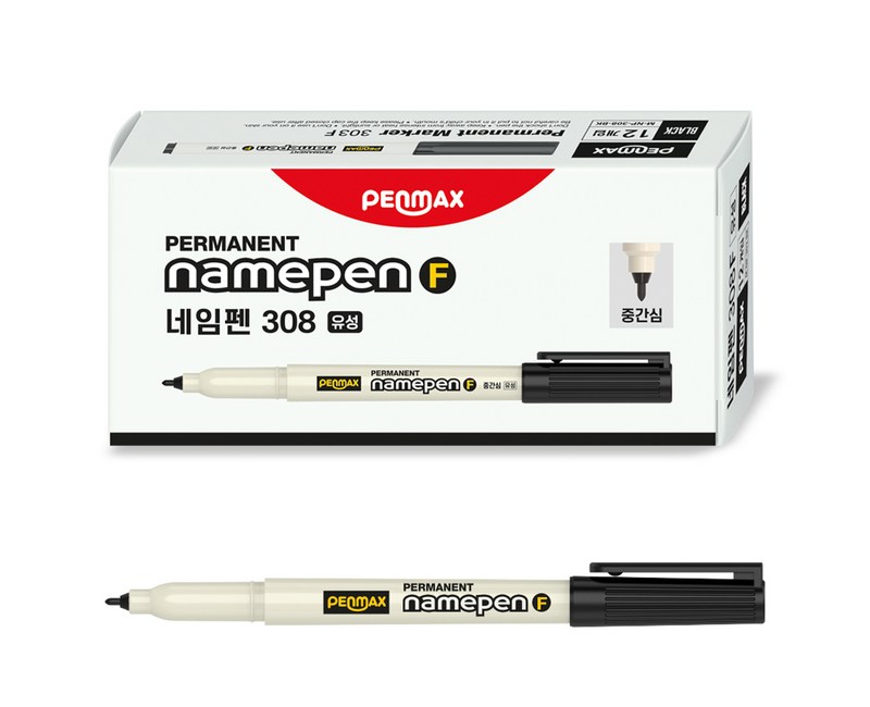 펜맥스 308F 중간글씨용 네임펜, 흑색, 12개