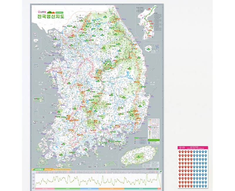 2024 최신 우리나라 3000 명산지도 + 핀스티커 여행필수템 한국100대명산 백두대간 트래킹 등산지도 대한민국 지도 국내여행 랜덤여행 나우맵, 지도
