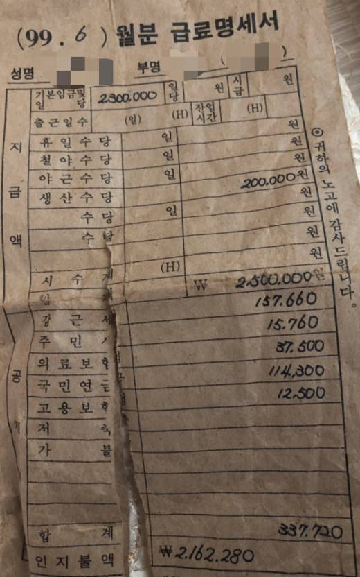 1999년 월급 봉투