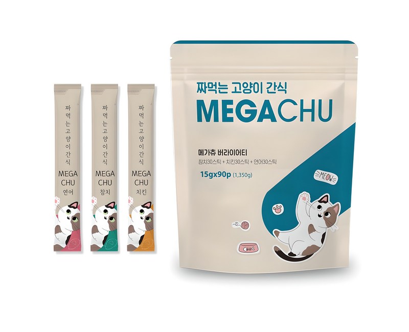 메가츄 짜먹는 츄르 고양이간식 90스틱 대용량, 연어+치킨+참치, 15g, 90개