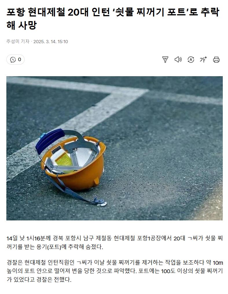 20대 인턴 쇳물 포트 추락 사망