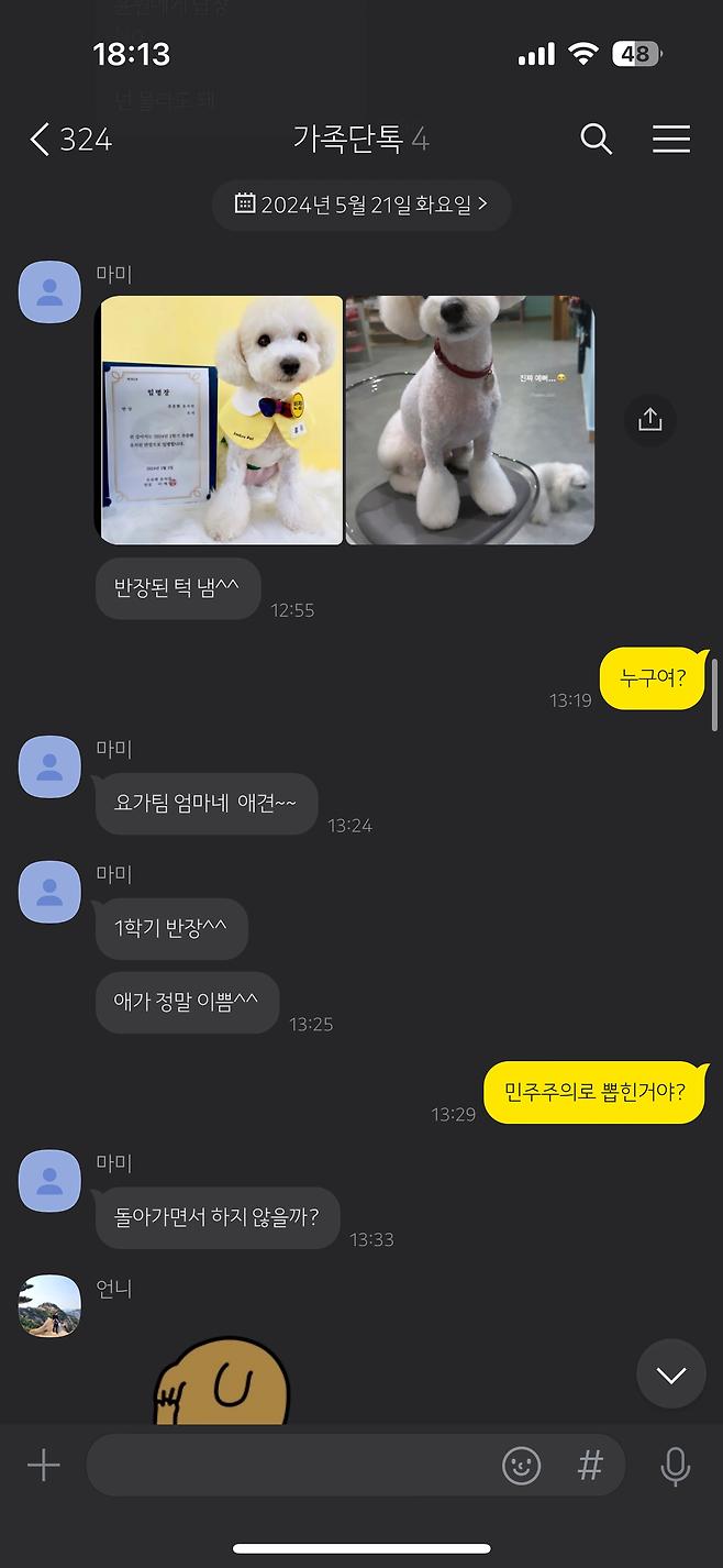 모르는 강아지 반장됬다고 카톡옴..