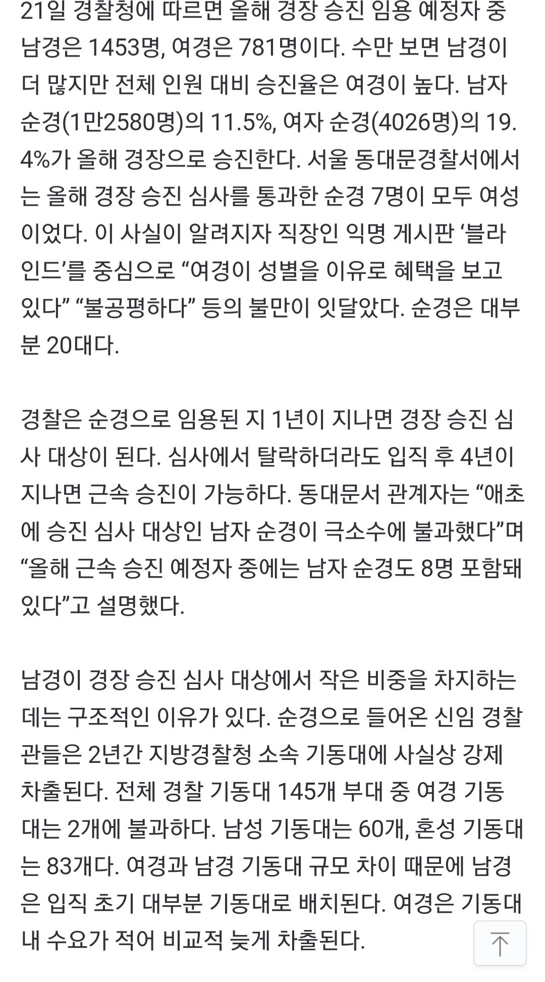 남자 순경 승진율 11% vs 여자 순경 승진율 19%