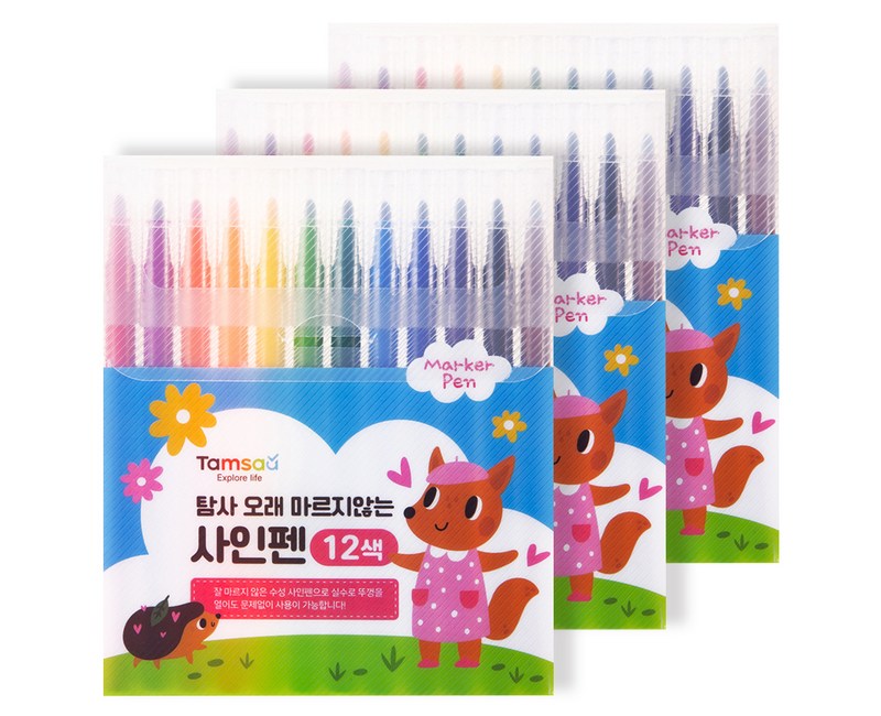 탐사 아동용 오래 마르지 않는 12색 사인펜, 혼합색상, 3개