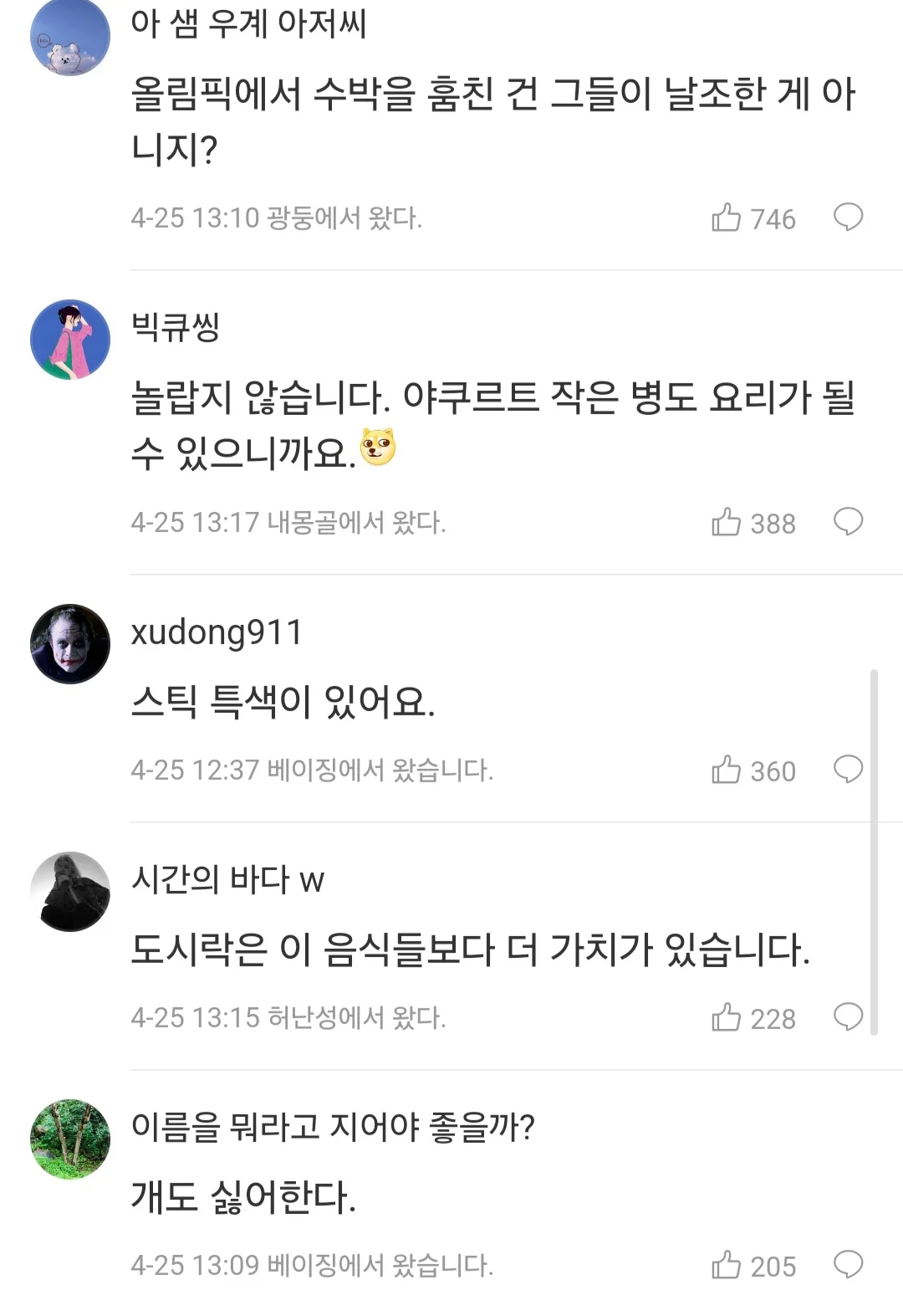 한국 페럴림픽 식단을 조롱하는 중국인들