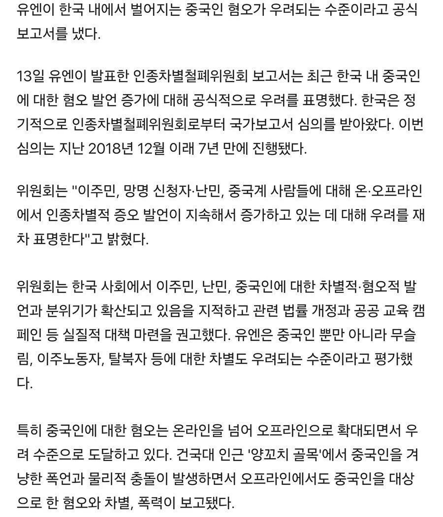 UN보고서 "한국 중국인에 대한 혐오가 너무 심해... 멈춰라"