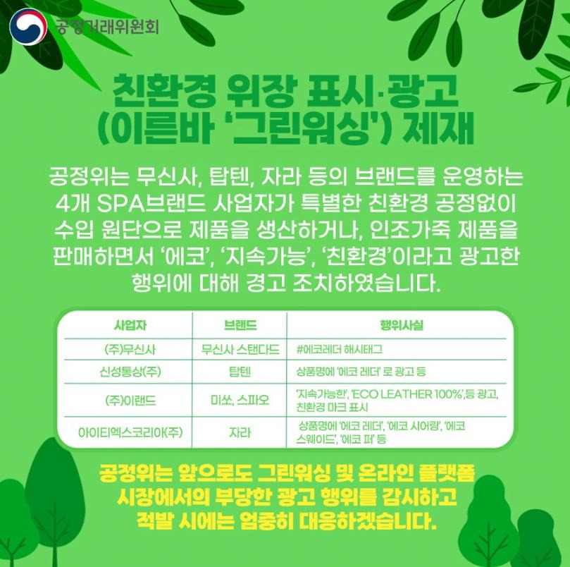 공정거래위원회, 친환경으로 위장 광고한 SPA브랜드 제재