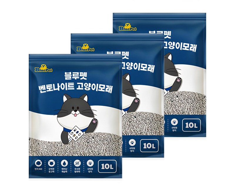 블루펫 응고형 벤토나이트 고양이 모래, 10L, 3개, 무향
