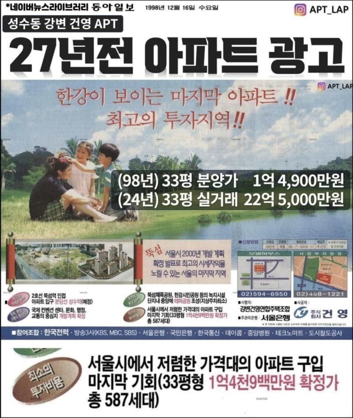 27년 전 한강뷰 아파트 분양 가격