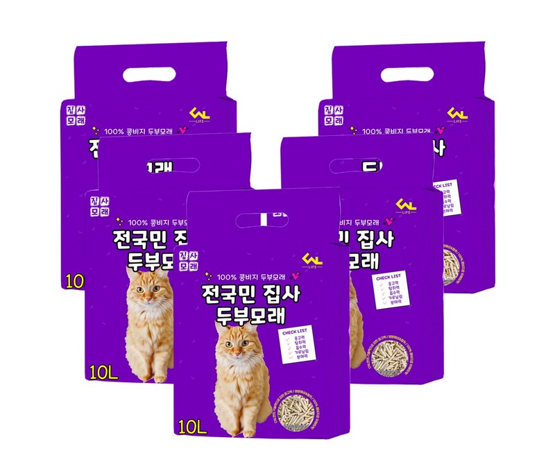 씨엔앨라이프 디럭스 고양이 모래 집사 1.5mm 극세사입자 고운입자 두부모래, 5팩, 10L, 오리지널