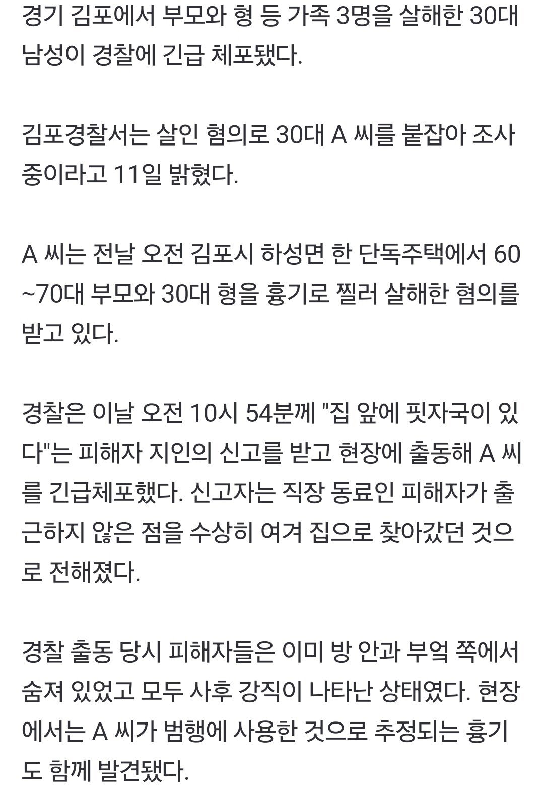 김포 단독주택서 참극…부모·형 일가족 살해한 30대 체포