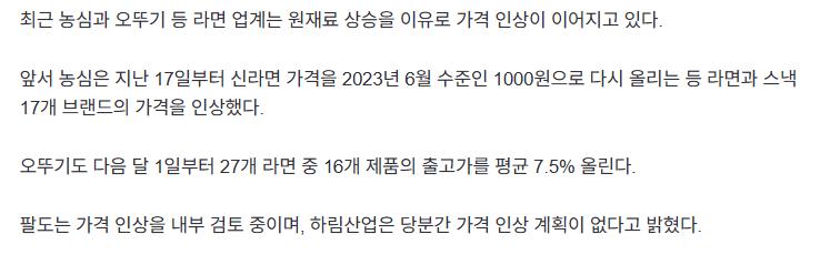 농심, 오뚜기등 가격 인상해도 삼양식품이 가격인상 안하는 이유