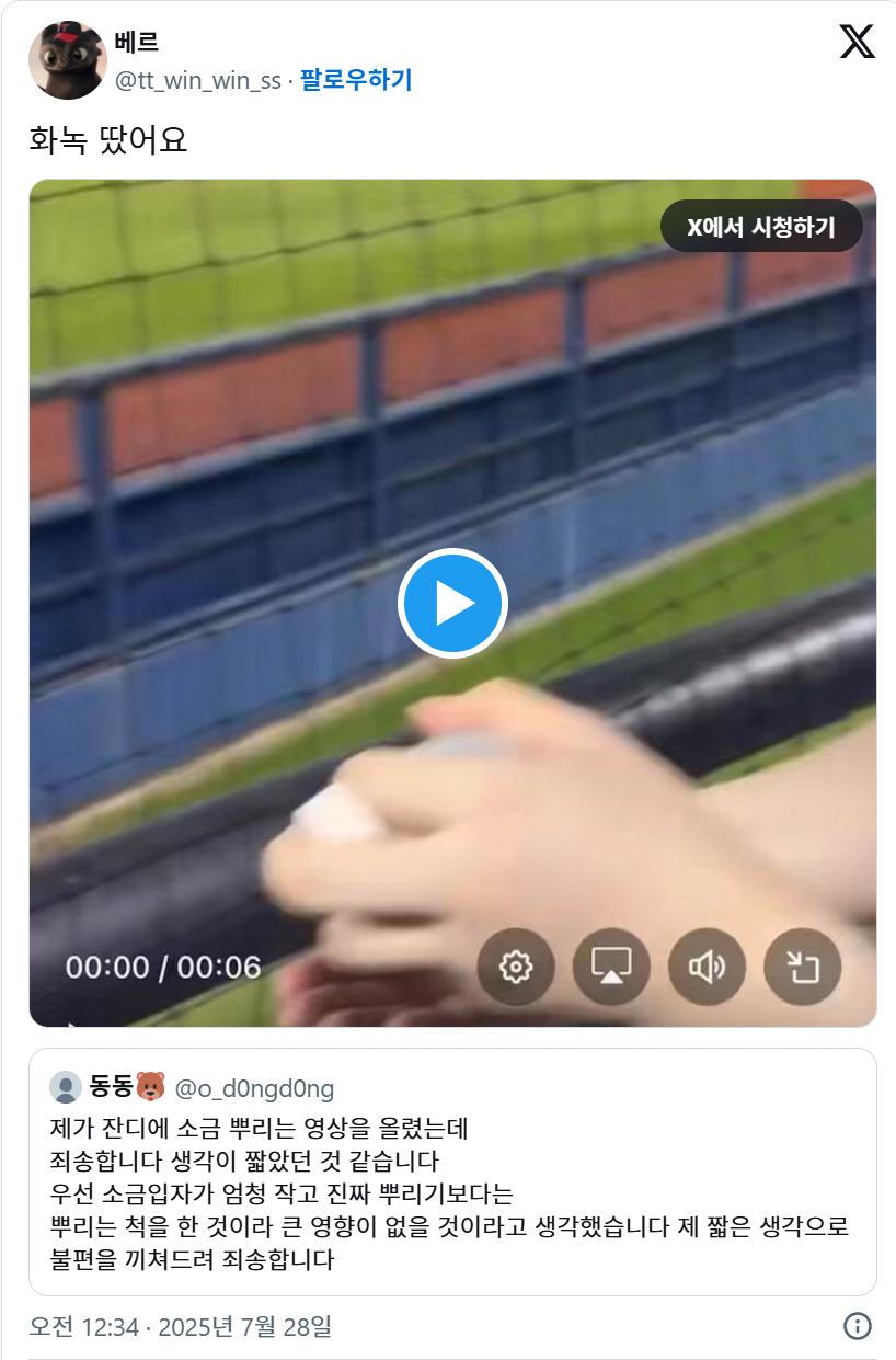 야구장에 소금 뿌렸다가 트위터에 사과문 쓴 여성