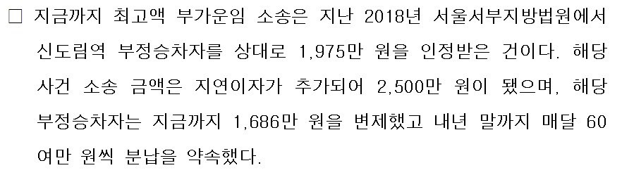 서울교통공사가 승소한 부정승차 역대 최고액